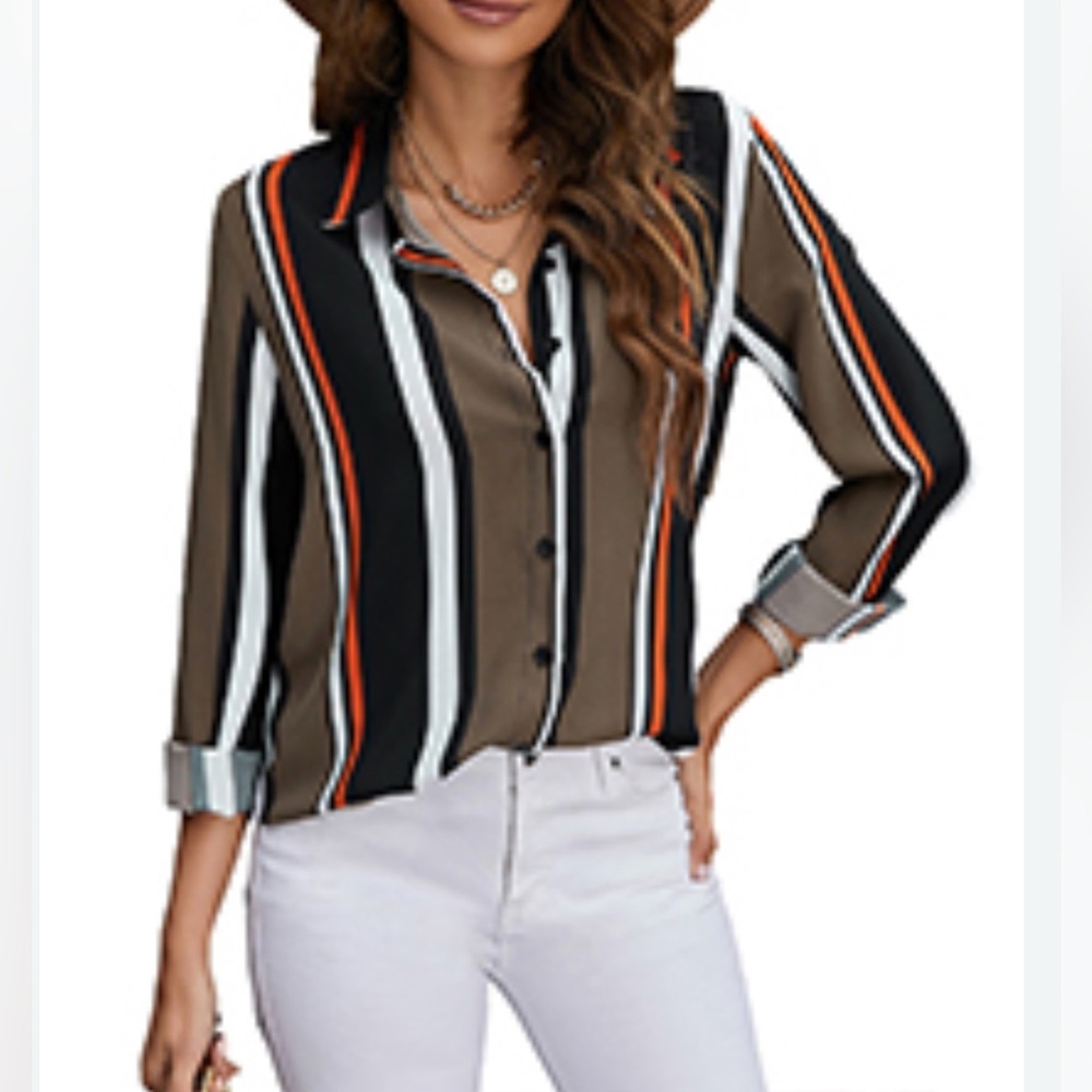 Striped Women's Top - Black, White, Brown